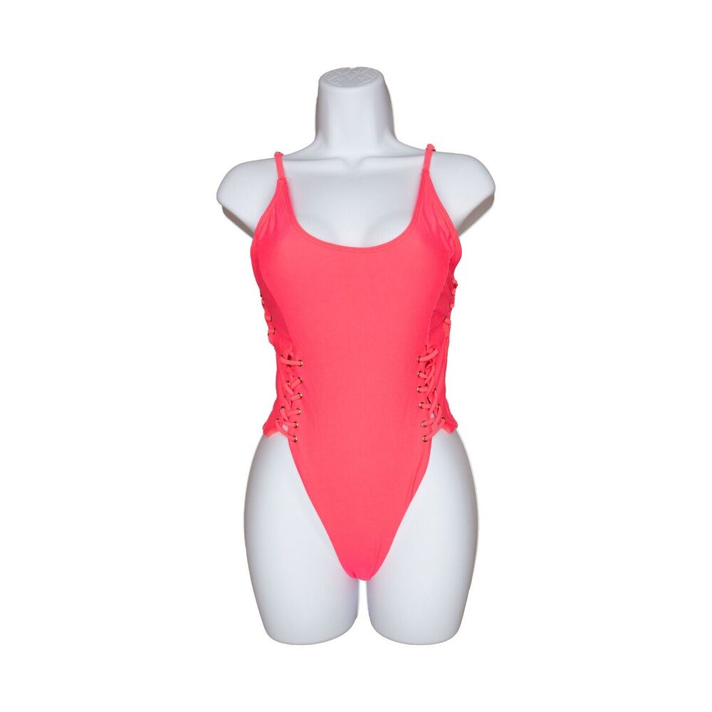 TiniBikini Women Solid Lace Up Detailed 1-Piece Swimsuit Coral Size XS 3560